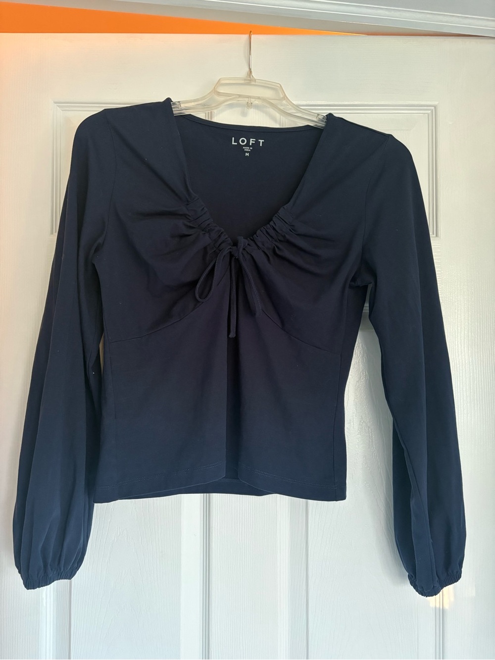 LOFT Navy Long Sleeve Tie-Front Ruched Top